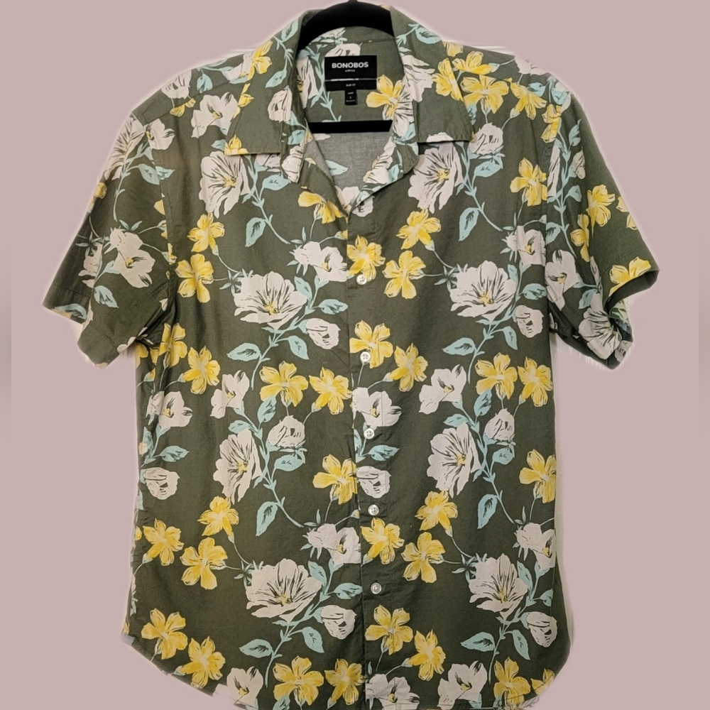 Stretch, slim fit, short sleeve, moss/floral cotton button down by Bonobos - Picture 1 of 4